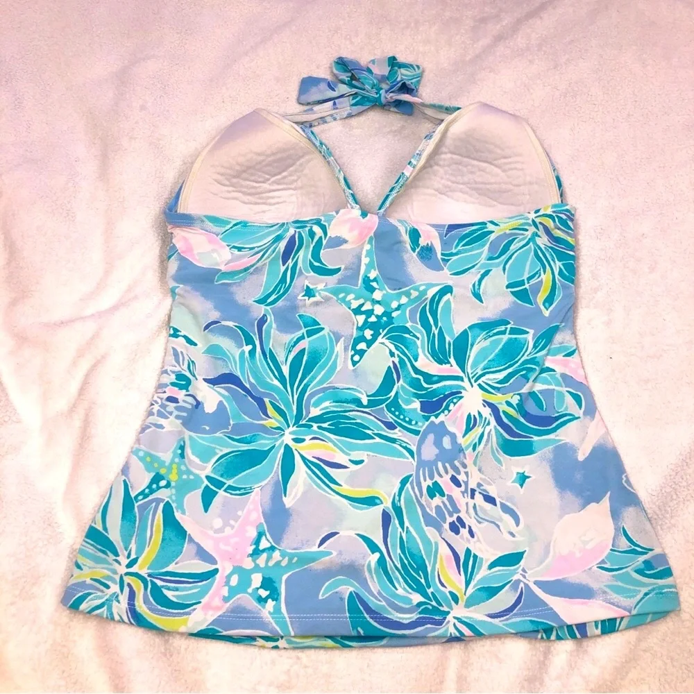 Lilly Pulitzer GUC Blue Floral Ruched Halter Tankini Top size 12